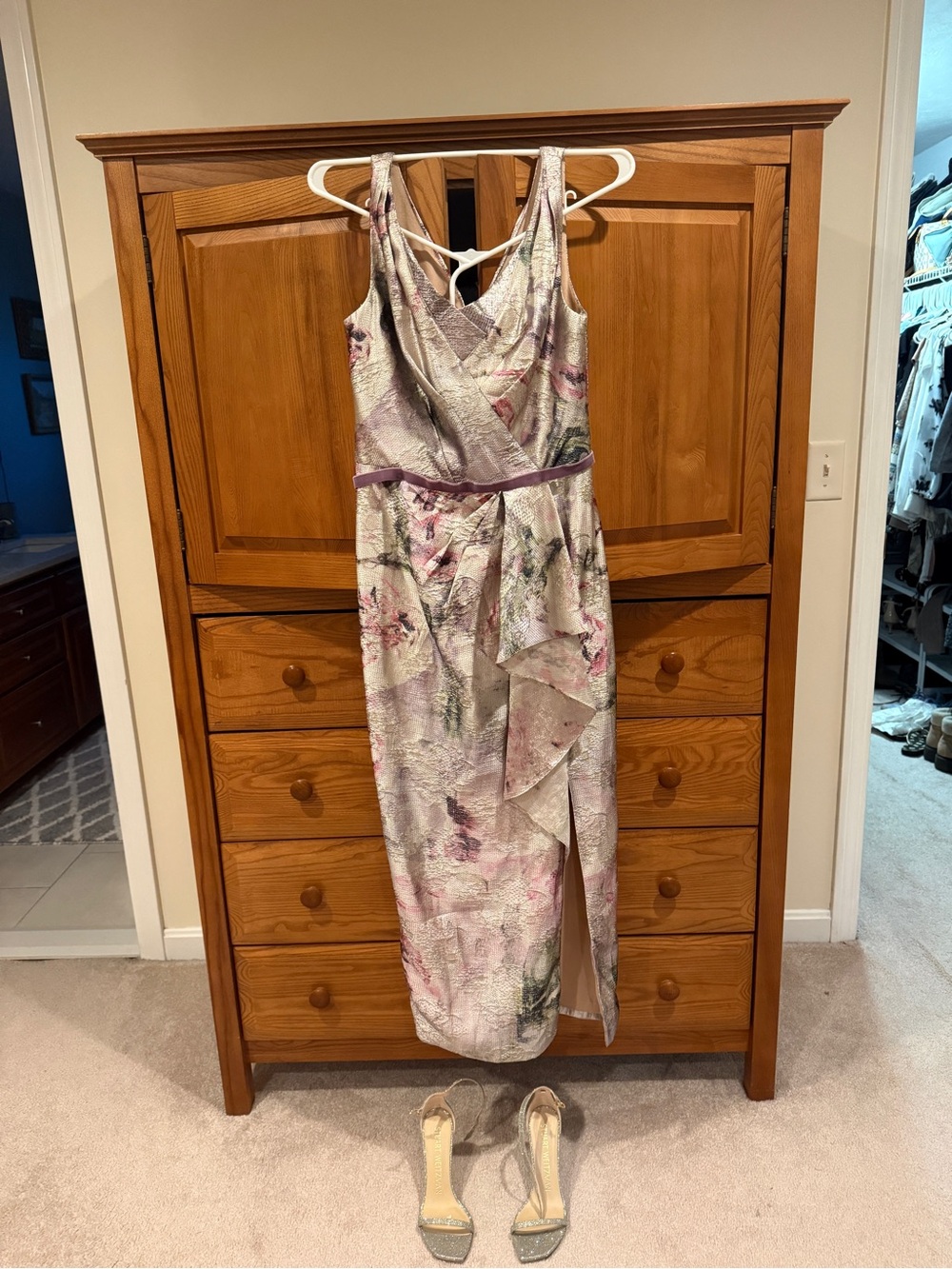 Marchesa Cream and Pink Floral Midi Wrap Dress